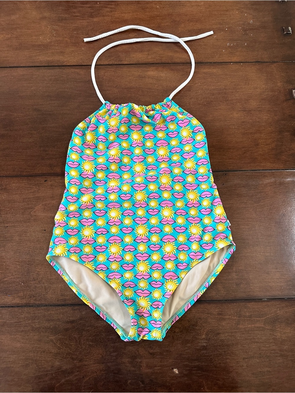 Squirtini Bikini | Kids One-Piece Swim Suit in Aqua with 👄 & ☀️ Print